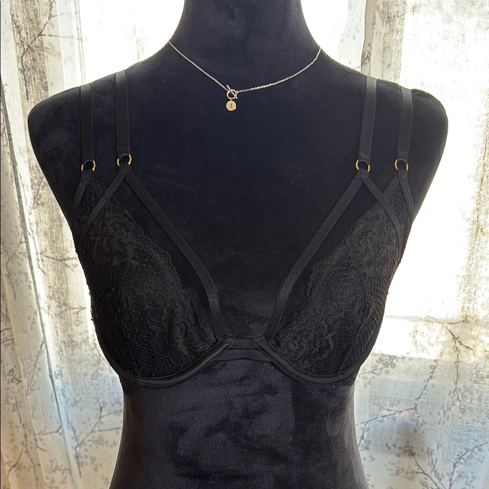 Victoria's Secret Black Lace + Fishnet Bra with Double Strap Detail in Size 36C
